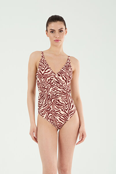 Louren Women's Burgundy Patterned Textured Fabric Thin Covered Double Breaste...