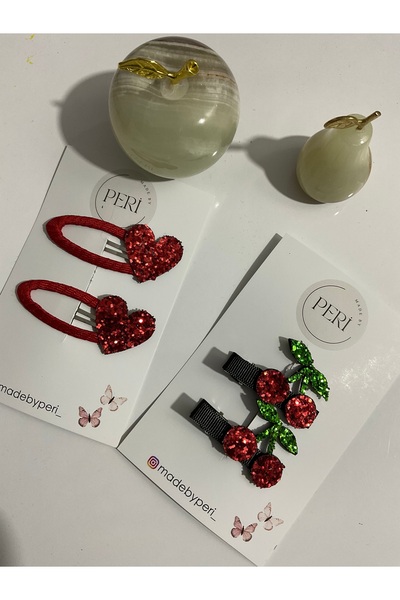 MADE BY PERİ Girl's Red Glittery Heart and Cherry Luxury Side Buckle Set - 4 ...