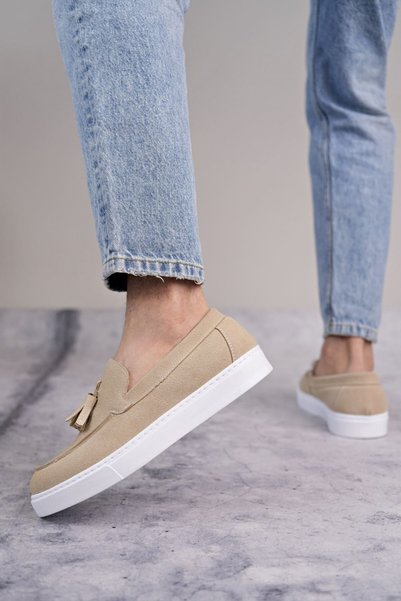 Zerenyus ZRJ153 Yüksek Kalite Bağcıksız Püsküllü Erkek Loafer Klasik Ayakkabı - Süet Krem