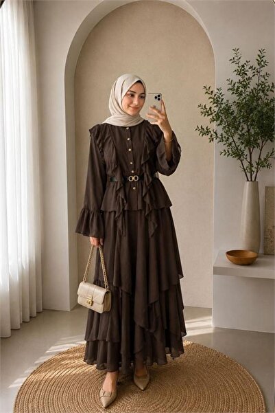 Neşeli Butik Women's Brown Ruffle Detailed Top Layered Skirt Double Hijab Set...