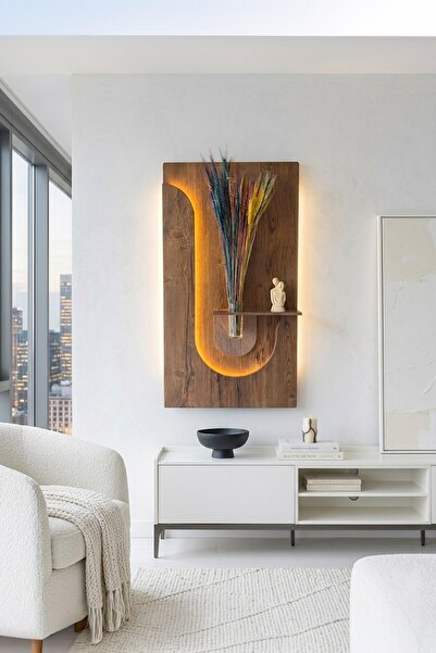 primehome Çizilmez Mebran Kaplama LED Işıklı Ahşap Duvar Dekoru - 50x90 Moder...