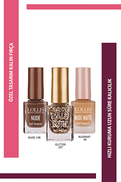 Lollis Oje Seti 3 lü Nude 148 /Glitter 107 /Nude Mat 10 / Nail Lacquer Set Nu...