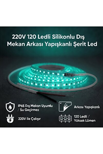 AC AYDINLATMA 220V 120 LED Dış Mekan Şerit LED Turkuaz Işık Arkası Yapışkanlı...