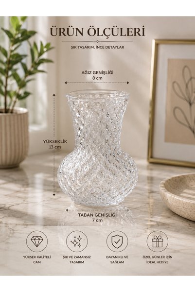 Karçiçeği Home Kristal Desenli Cam Vazo – Dekoratif Şeffaf Masa Üstü Kuru Çiçek Vazosu 13 cm