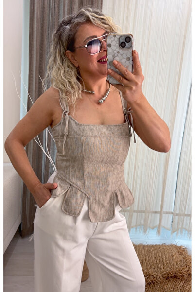 Dila Butik Askılı Kısa Keten Crop Bluz