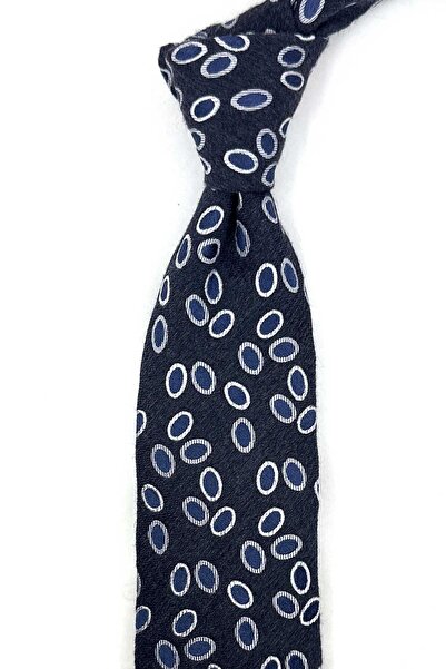 Kravatkolik Smoked Navy Blue Motif Wool Silk Tie İk2470