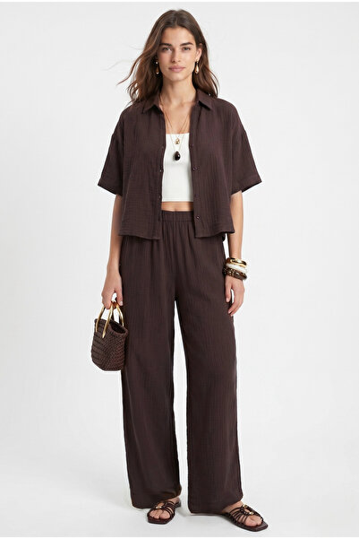 Ritnice Women's Hudson 100% Cotton Muslin Shirt Pants Brown Bottom Top Set