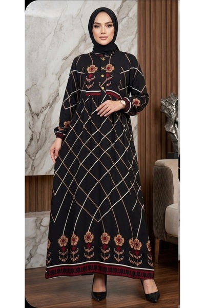 Dagü Design Women's Black Comfortable Fit Floral Viscose Dress with Hijab