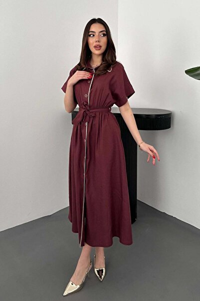 Caddebostan Moda Belted Buttoned Linen Shirt Dress Midi Length Short Sleeve S...