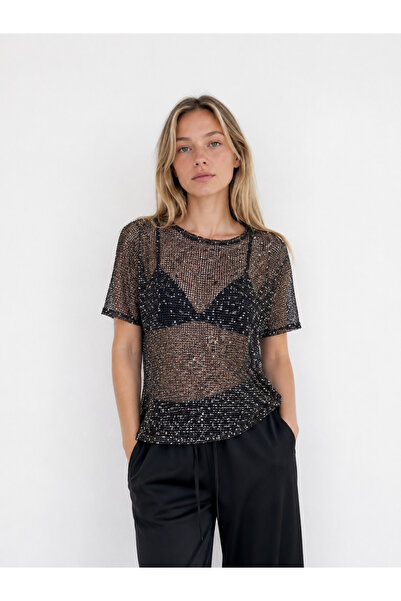 kikiriktekstil 10806 Women's Sequin Embroidered Transparent Blouse