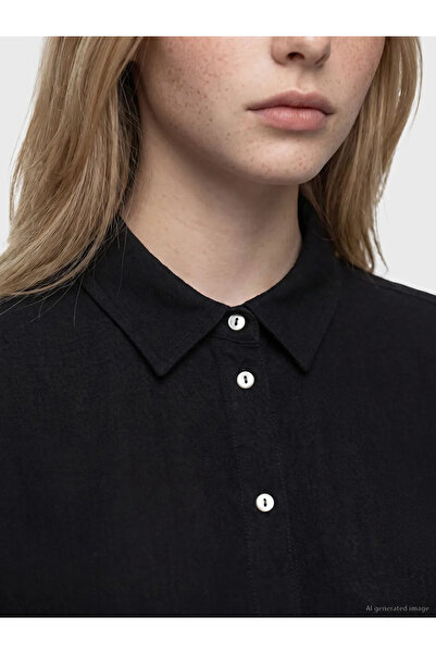 LC Waikiki Μαύρο Oversize Γυναικείο Πουκάμισο Μουσελίνας