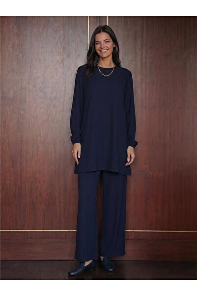 WeShaya Navy Blue Stretchy Textured Long Sleeve Straight Cut Tunic Pants Bott...
