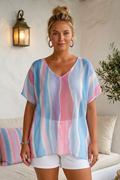 Chiccy Italian Pink-White V-Neck Low Sleeve Slim Digital Printed Casual Merce...