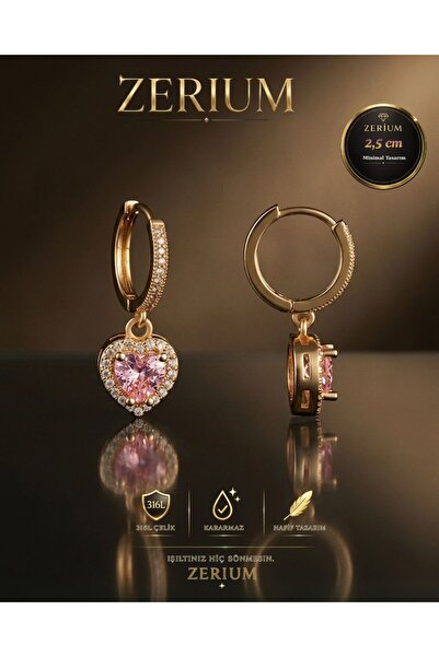 ZERİUM Kadın Minimalist Sallantılı Çelik Küpe Pembe Kuvars Kalpli 2,5 cm Gold