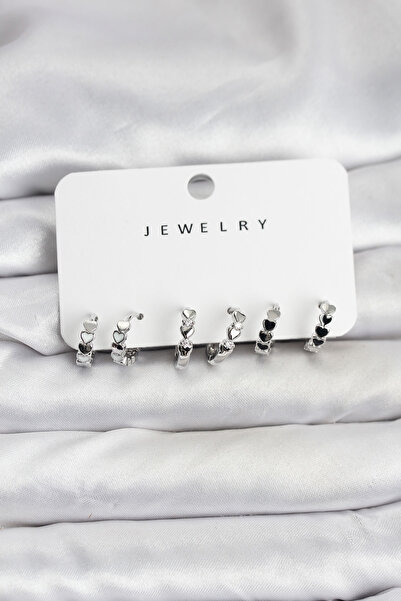 ETC Silver Color Brass Minimal Heart Detailed Women's Earring Set 5886 - Miyn...