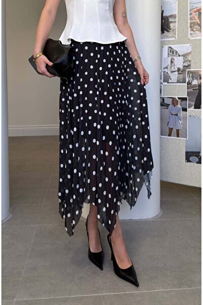 SONGÜLBERİK Women's Asymmetrical Cut Polka Dot Pleated Skirt