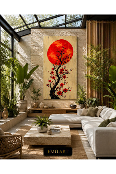 EMİLART Japon Çiçeği Kanvas Tablo-Modern Kırmızı Sakura Duvar Dekoru