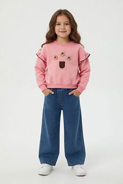 Cansın Mini Pink Floral Embroidered Ruffle Jean Pants Girls' Set 24555