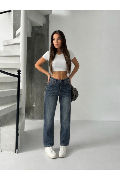 bluemarlin Green Tinted High Waist Front Stone Decorated Mom Jeans Denim Pants