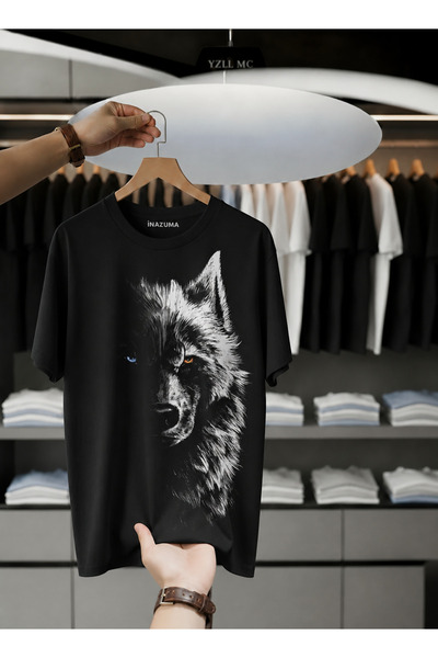 İnazuma Outdoors Unisex Oversize Baskılı Pamuklu Bisiklet Yaka Kısa Kollu Siy...