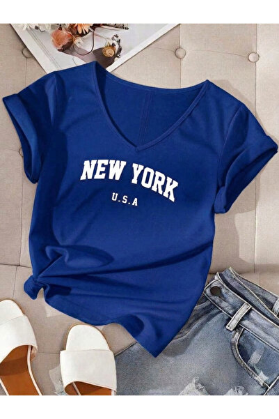 FAVORİST Women's New York Usa Printed V-Neck T-Shirt