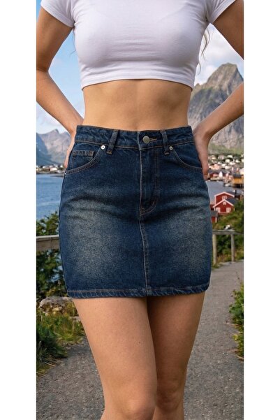 REDZARRAM Blue Denim Mini Skirt Pale Brown Tint Trend Denim