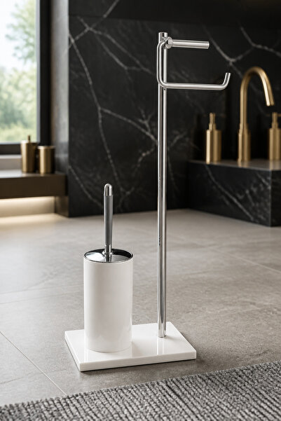 İSAOĞLU YAPI Marble Toilet Brush and Toilet Paper Holder Set Standing Bathroo...