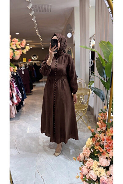 Dila Sayan Boutique Boydan Kumaş Kaplı Düğmeli Kemerli Tensel Tül Elbise