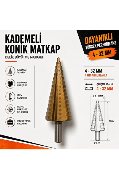 NO BRAND Kademeli Matkap Ucu 4-32mm Metal Delme Panç Ucu Sac Delme Step Drill...