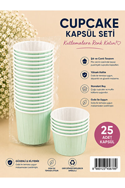 Partifabrik Cupcake Kapsülü Kalın Eğilmez Kalıpsız Kullanım 25 Adet Mint yeşili