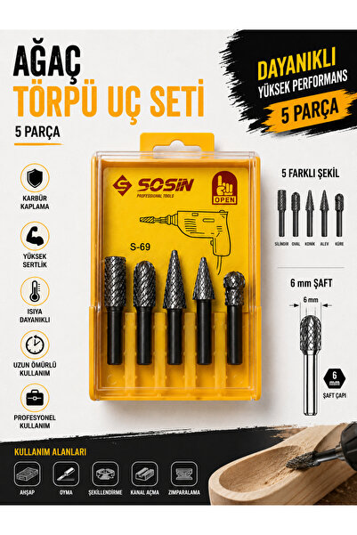 SOSIN Ağaç Törpü Uç Seti Ahşap Oyma Taşlama Freze Ucu Matkap Uyumlu Ahşap Şek...