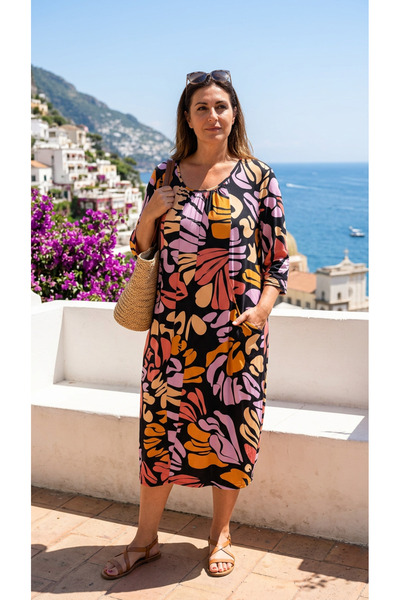 STYLENEST Büyük Beden Desenli Renkli Kadın Elbise 46-56 Beden Rahat Kesim Yaz...