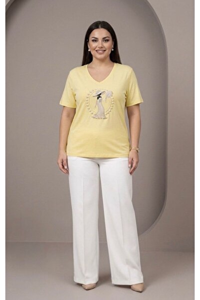 SİBELİZE V-Neck Pearl Stone Embroidered Premium T-Shirt with Female Figure on...