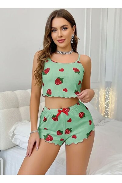 Generic Brand Women's Green Strawberry Patterned Shorts Pajama Set Cute Comfo...