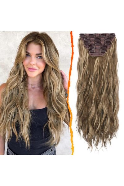 OEM Clip-in hair extensions, 50 cm, synthetic, wavy, Balayage, ash brown and ...