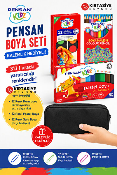 Kids Like Pensan Boya Seti - Kalemlik Hediyeli ! - 12 Renk Kuru Boya + 12 Ren...
