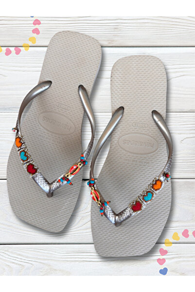 Ebusand Sand Square Women Flip Flops with Hand Beaded Heart Charms, Boho Beac...