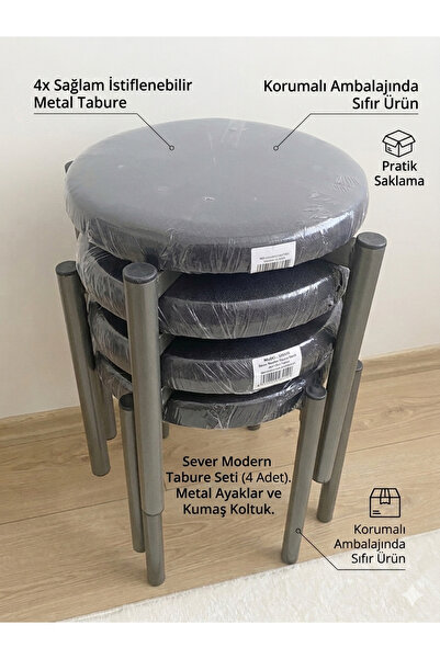 Miran Metal Ayaklı Kumaş Minderli İçiçe Geçebilir Tabure 4'lü Set - Siyah Mut...
