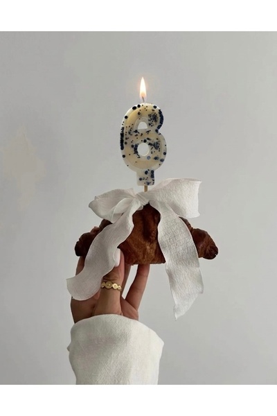 Mis Mum Studio 6 Rakamlı Doğum Günü Pasta Mumu Beyaz Lacivert Simli Kek Mum Süsü