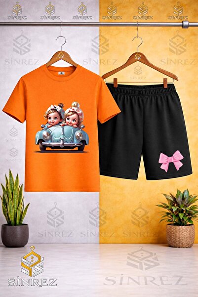 SİNREZ تي شيرت مطبوع عليه Bicycle Collar ARABA 2LI GIRL CUTE - طقم شورت