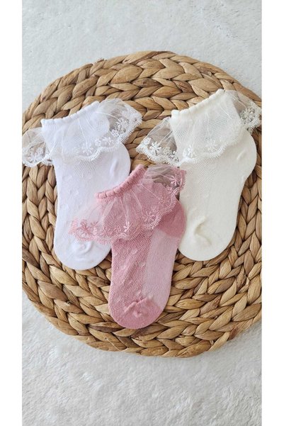 EFİLACCESSORİES Snowflake Luxury Lace Summer Ruffled Washable Perfumed 3-Piece Children's Socks