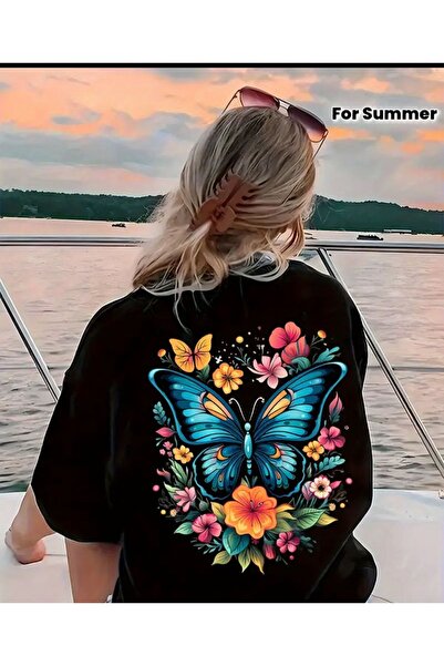 Unisex A KALİTE PREMİUM Kelebek ve çiçek Baskılı Oversize T-shirt