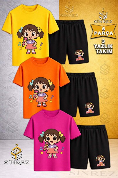 SİNREZ 3-Piece Kids' Girls' Printed Crew Neck T-Shirt with Microphone - Short...