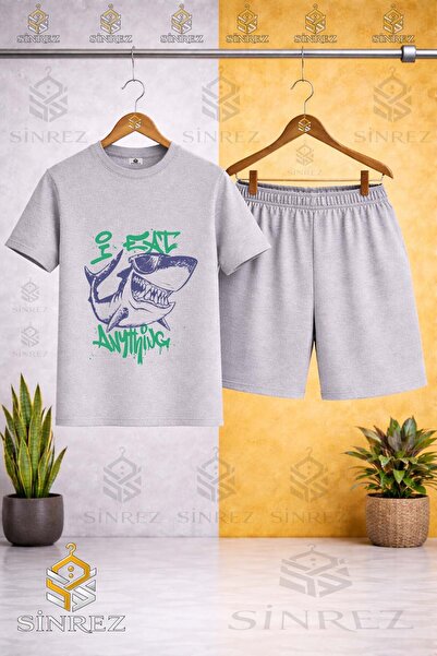 SİNREZ Crew Neck Kids' Shark Purple Green Printed T-Shirt - Shorts Set