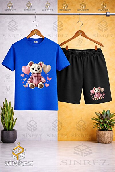 SİNREZ Crew Neck Kids' T-Shirt with Bear and Pink Balloon Print - Shorts Set