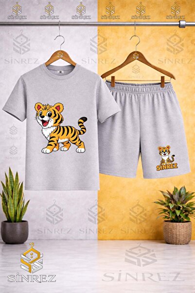 SİNREZ تي شيرت مطبوع عليه TIGER STANDING للأطفال من بيكليك كولا - طقم شورت