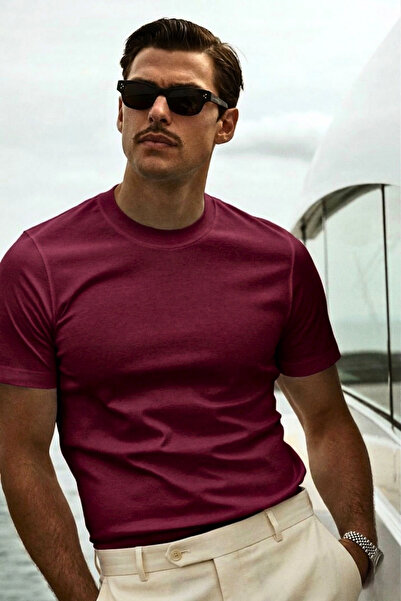 GUARAZ Ανδρικό μπλουζάκι Slimfit Slim Fit Claret Red Crew Neck από 100% οργαν...