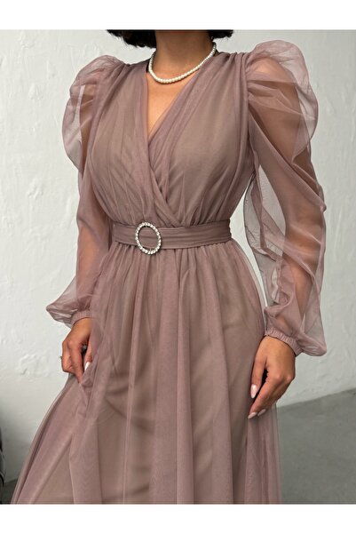 ADAMODA.RO Elegant long dress with tulle waist accessory