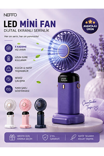MİNDO Taşınabilir Mini Fan Dijital Göstergeli 5 Kademeli El Fanı