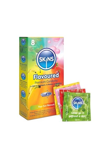 Skins واقيات ذكرية متعددة النكهات (2 بنانا + 2 نعناع + 2 فراولة + 2 علكة) - 8...